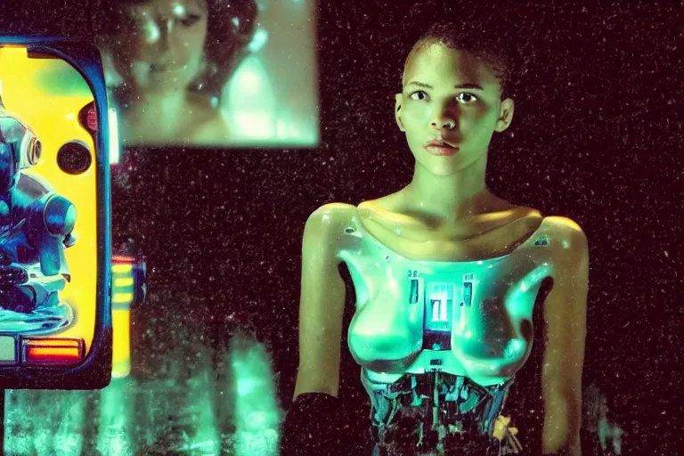 Image similar to beautiful woman robot sitting under a waterfall from, from 20XX, bathed in the glow of a crt television, tv screens in background, low-light photograph, in style of Tyler Mitchell