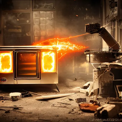 Image similar to cyborg toaster oven repairman, dark messy smoke - filled cluttered workshop, dark, dramatic lighting, orange tint, sparks, plasma rays, cinematic, highly detailed, sci - fi, futuristic, movie still