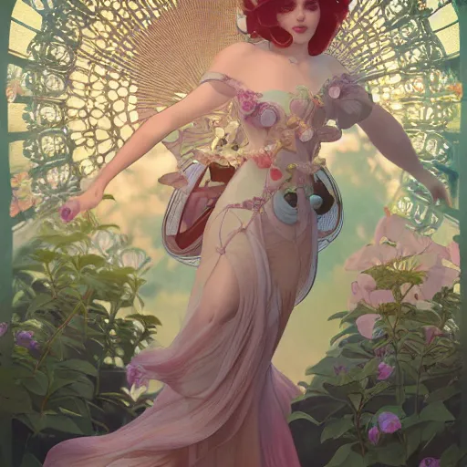 Image similar to female android descending from clouds into enchanted garden, full body portait, ornated jewels, fabricated gown, art by artgerm and alphonse mucha, and ilya kuvshinov and ross tran, art nouveau, octane render, 8 k, cinematic lighting, ultra hi definition