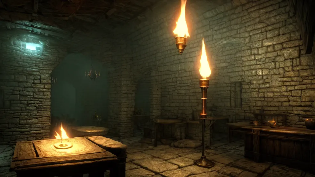 Image similar to delicious torch lit prison dungeon jail cell alchemist light magic atmospheric unreal engine hyperreallistic render 8k character concept art masterpiece screenshot from the video game the Elder Scrolls V: Skyrim moody orange 2700K global illumination