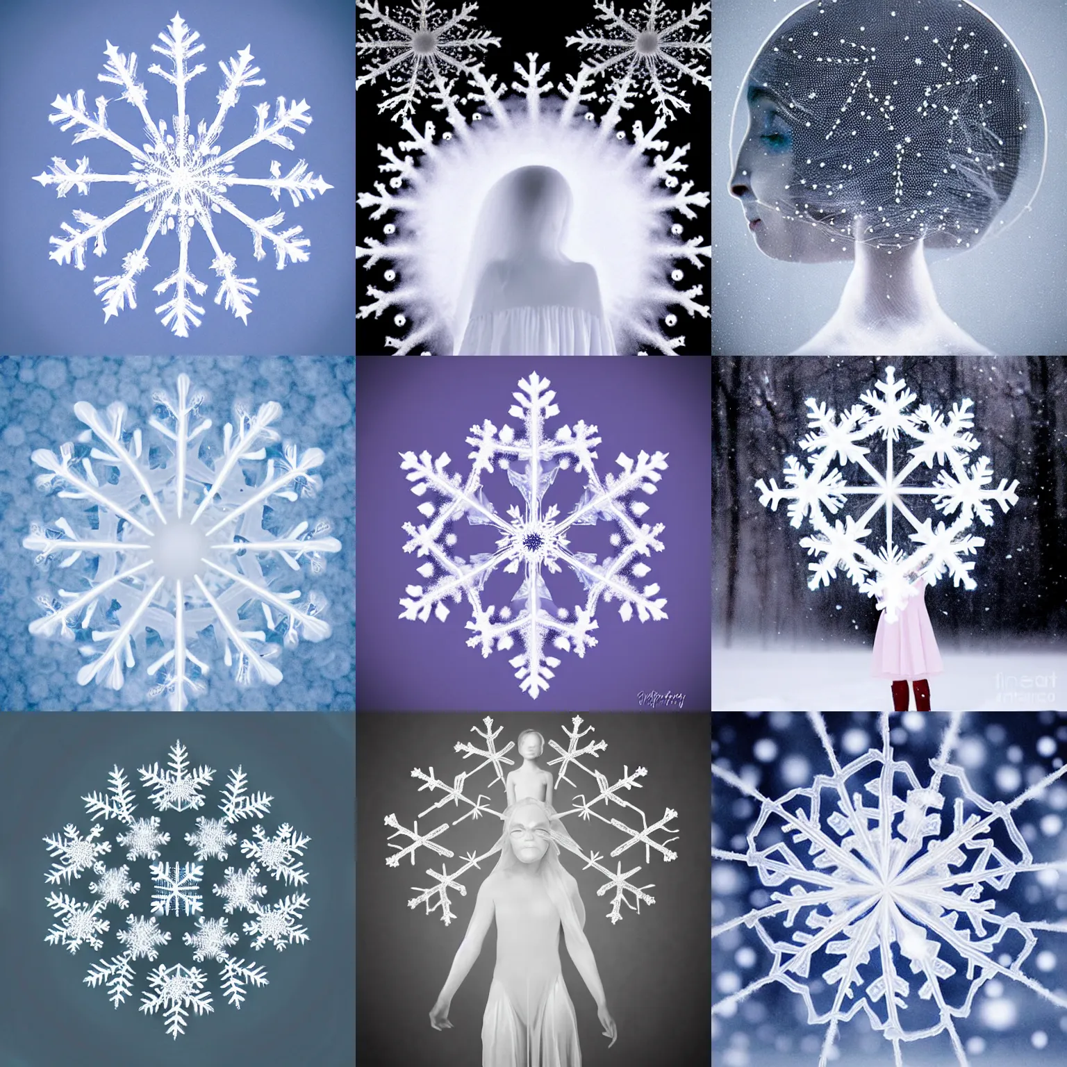 Prompt: silk snowflake with tiny ethereal transparent human face in the middle. surreal photography surreal photography