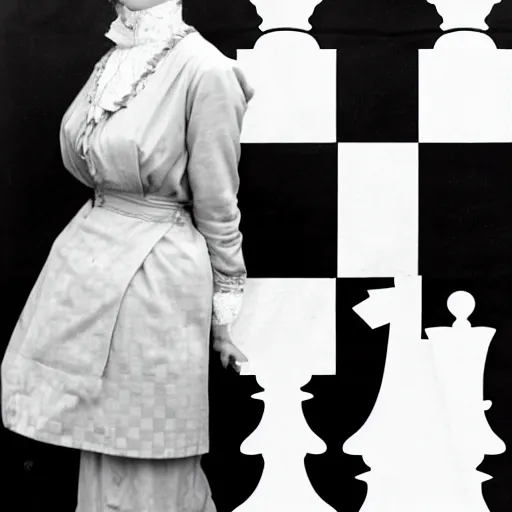 Prompt: An Edwardian woman posing with a chessboard in the style of Moomin 90s anime