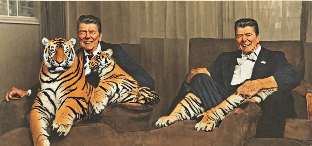 Prompt: [ ronald reagan sitting in chair with a tiger lying at his feet ]