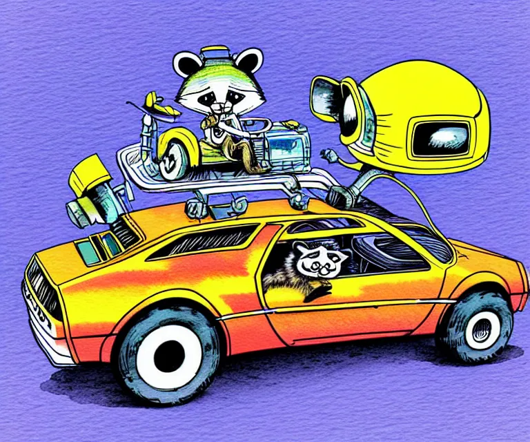 Image similar to cute and funny, racoon wearing a helmet riding in a tiny hot rod dmc delorean with oversized engine, ratfink style by ed roth, centered award winning watercolor pen illustration, isometric illustration by chihiro iwasaki, edited by range murata