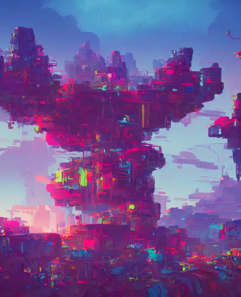 Image similar to detailed concept art of a DMT city in a fantastic landscape against a colorful sky by Anton Fadeev and Simon Stålenhag