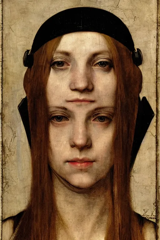 Image similar to a close - up portrait of a cyberpunk cyborg girl, by hans holbein the younger, rule of thirds