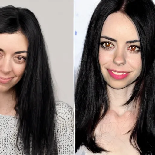 Image similar to a girl with long black hair and a side part, her face is a mix between aubrey plaza, krysten ritter, lucy hale, christina ricci and sarah hyland