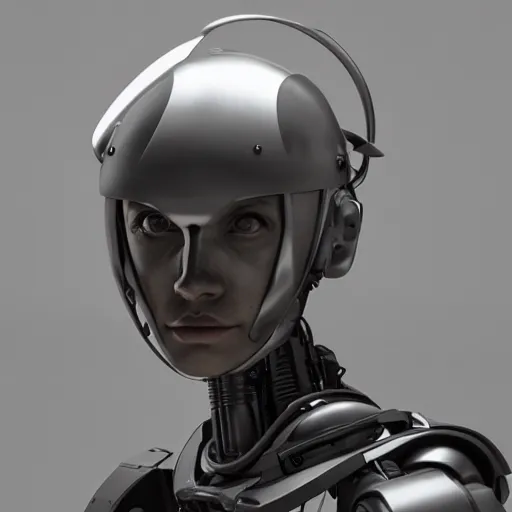 Image similar to an amazing robot-helmet, robotic head-bust portrait, of a sci-fi, human robot hybrid with weaponized systems built into the 3d helmet, cgi, zbrush, blender, octane render