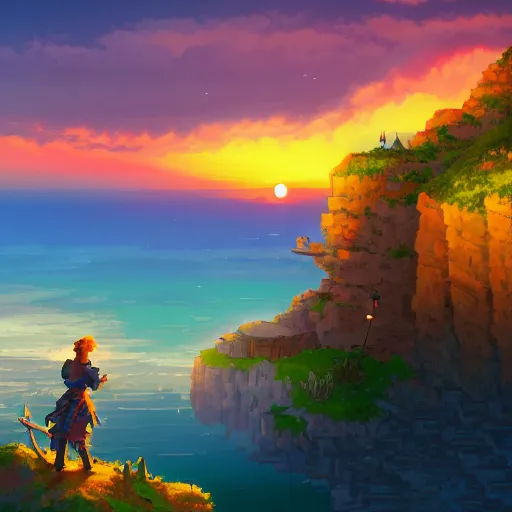 Prompt: a knight rests on a cliff above a cozy and cute seaside village at sunset, dramatic lighting, vivid color, 1 6 bit pixel cover art, trending on artstation