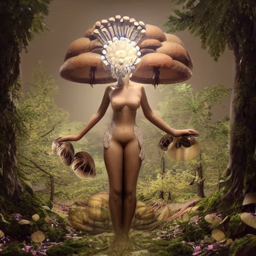 Prompt: mushroom goddess with extremely elegant headdress with group of elders in a ceremony for plant medicine, beautiful, marvelous designer, cloth physics, mocap, deviantart, masamune shirow, alex grey, black and white, beautiful lighting, photorealistic, concept art, perfect render, 3 d render, unreal engine, 8 k