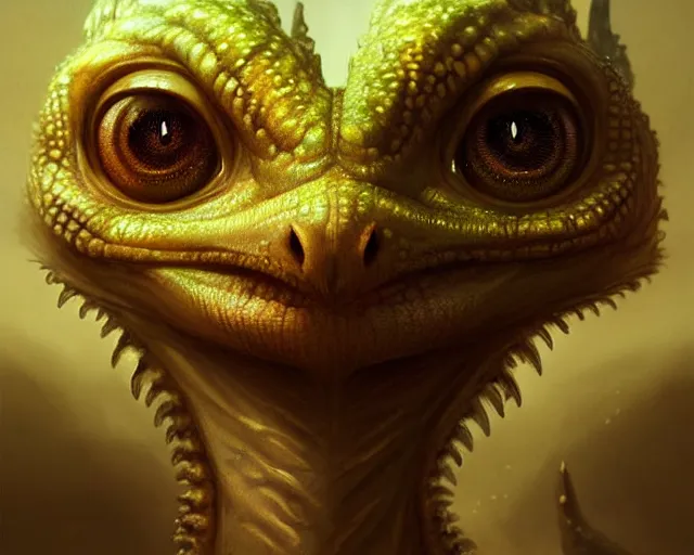 Image similar to digital painting of beautiful cute little baby dragon with huge eyes and long eyelashes gazing into the camera, medium shot, intricate, highly detailed, fractals, rendered in blender, octane, artstation, greg rutkowski, muchas, artgerm