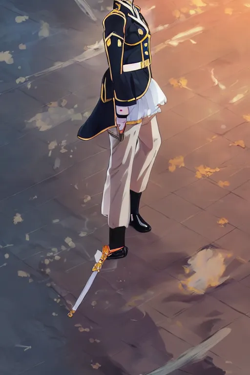 Prompt: key visual concept art, portrait of a stately anime girl wearing formal military dress uniform saluting at a full honors military funeral, somber, rule of thirds golden ratio, fake detail, trending pixiv fanbox, acrylic palette knife, style of shinkai makoto studio ghibli genshin impact