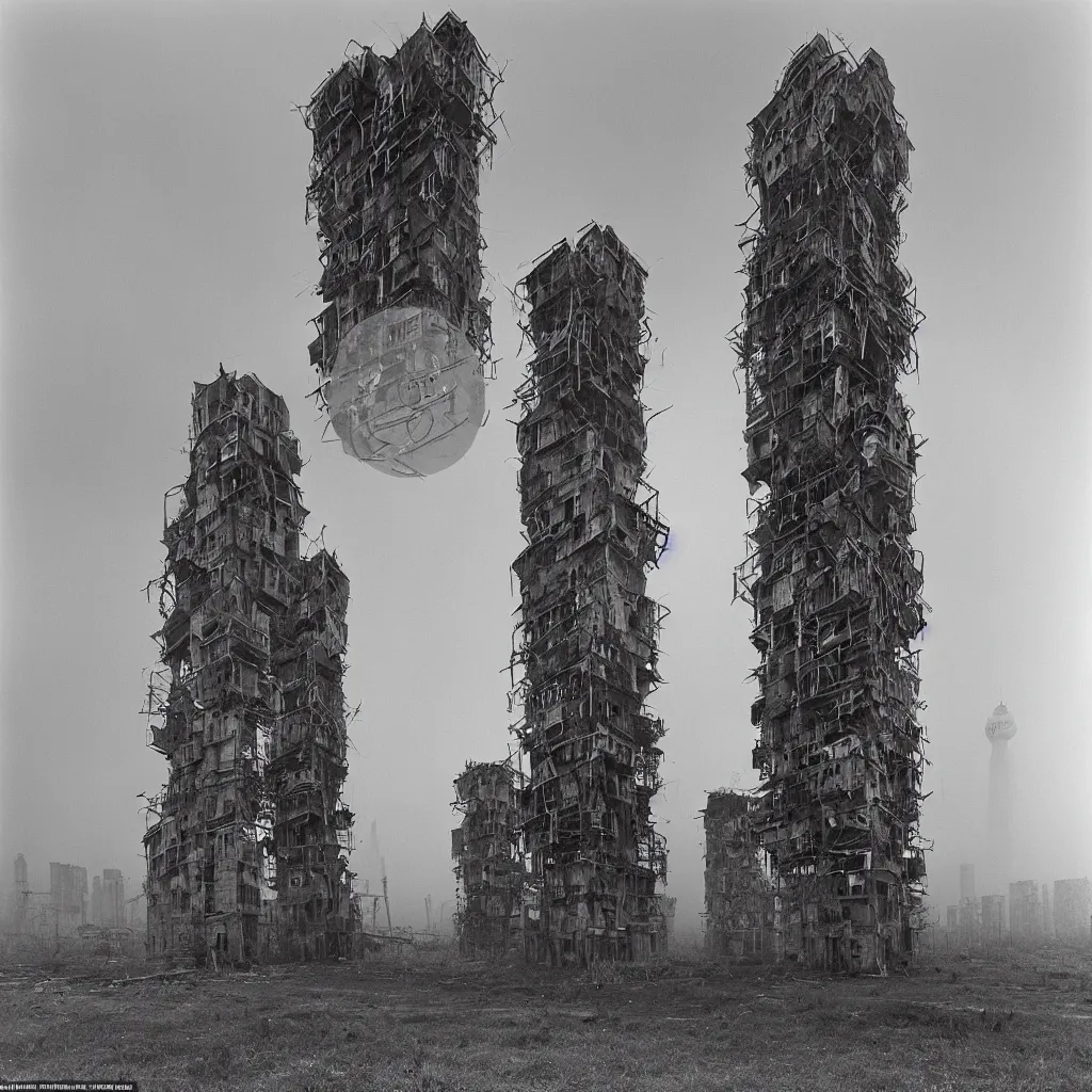 Image similar to two giant towers, made up of makeshift squatter shacks, misty, dystopia, mamiya rb 6 7, fully frontal view, very detailed, photographed by tarkovsky