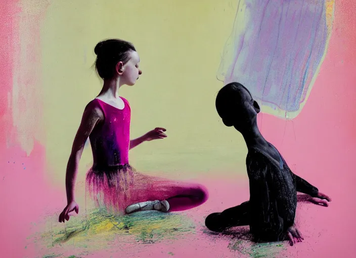 Image similar to portrait of nervous young girl ballerina sitting on the floor focusing in a dance hall by beeple and hernan bas and francis bacon and pat steir and hilma af klint, psychological, photorealistic, symmetrical face, dripping paint, washy brush, matte painting, rendered in octane, altermodern, masterpiece