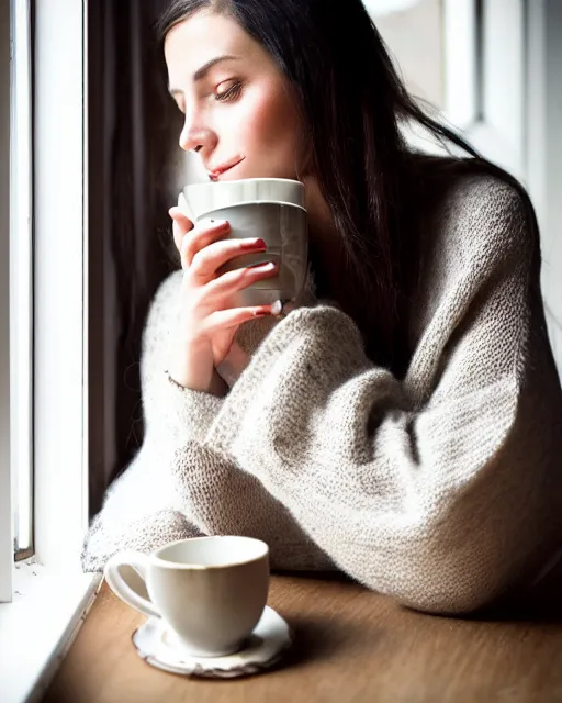 Image similar to a cozy photograph of a pretty french girl with dark hair, wearing a loose oversized white sweater, cuddled up by a windowsill looking at the camera over her mug of hot tea. dramatic lighting, fantasy, intricate, elegant, highly detailed, lifelike, photorealistic, Sigma 1.6, 50mm, bokeh, HDR, high resolution, artstation, concept art, smooth, sharp focus, art by John Collier and Albert Aublet and Krenz Cushart and Artem Demura and Alphonse Mucha