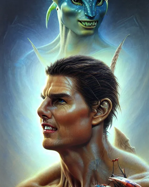 Image similar to tom cruise as a naʼvi from avatar fantasy character portrait, ultra realistic, wide angle, intricate details, blade runner artifacts, highly detailed by peter mohrbacher, boris vallejo, hajime sorayama aaron horkey, gaston bussiere, craig mullins