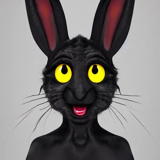 Image similar to A extremely highly detailed majestic hi-res beautiful, highly detailed head and shoulders portrait of a scary terrifying, horrifying, creepy black cartoon rabbit with scary big eyes, earing a shirt laughing, hey buddy, let's be friends, in the style of Walt Disney animation