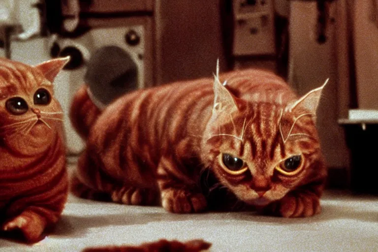 Image similar to filmic wide shot angle movie still 35mm film color photograph of a shape shifting horrific nightmarish red tabby cat organism from The Thing 1982 attacking a mutilated deceased doctor who is completely drenched in blood in the style of a horror film