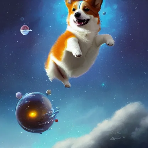 Prompt: extremely beautiful digital illustration of a cute corgi puppy floating in outer space, hyperrealistic, very lifelike, cinematic, inspiring, greg rutkowski, artgerm, moebius, ruan jia, makoto shinkai, simon stalenhag, trending on artstation, deviantart, masterpiece, award - winning, 8 k