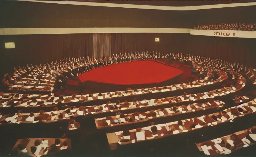 Image similar to 60s movie still of a CCCP congress in a stanilist style parlement, by Irving Penn , cinestill 800t 35mm eastmancolor, heavy grainy picture, very detailed, high quality, 4k, HD criterion, precise texture