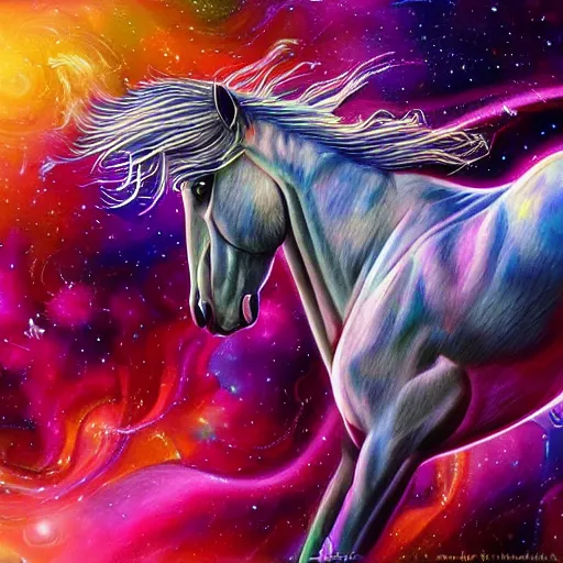 Prompt: psychedelic portrait of a horse in space, concept art, highly detailed