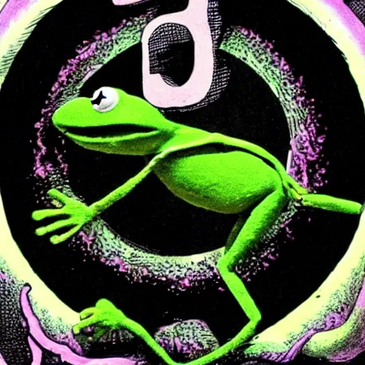 Prompt: Kermit the Frog in the deepest circle of Hell, in the style of the Divine Comedy by Dante Alighieri