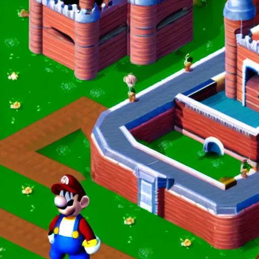 Image similar to phone picture of in - game crt screenshot of lebron james as a low - poly character in super mario 6 4, standing outside princess peach's castle, 4 k, high quality, hyperdetailed