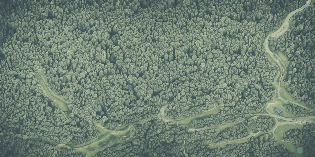 Image similar to A photo of a detailed handwritten map of a forest with rivers and a mountain