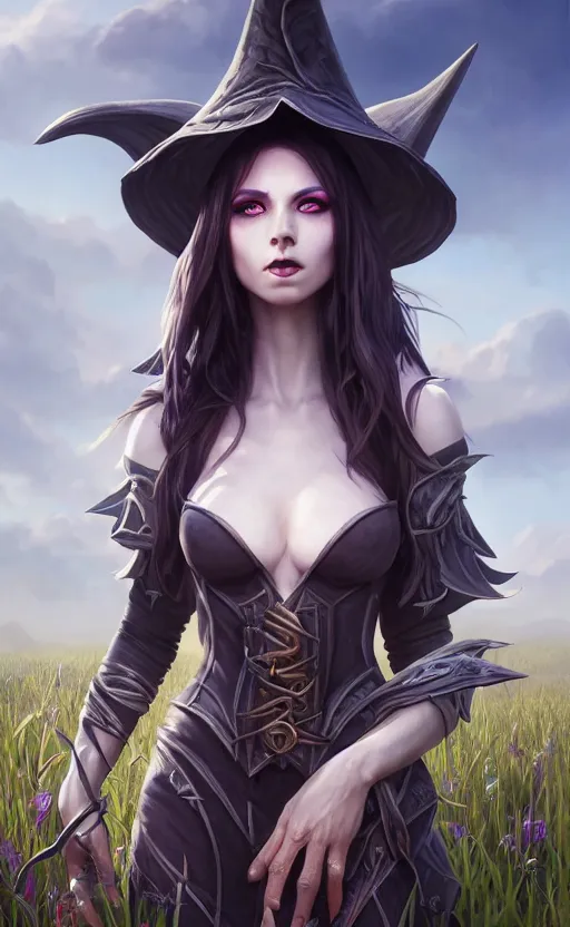 Image similar to medium shot of dark elf witch in field, sunny, highly detailed, d & d, fantasy, highly detailed, digital painting, trending on artstation, concept art, sharp focus, illustration, global illumination, ray tracing, realistic shaded, art by artgerm and greg rutkowski and fuji choko and viktoria gavrilenko and hoang lap