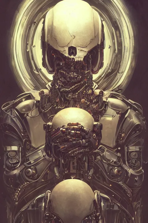 Image similar to Ultra realistic illustration, robot sitting, holding a human skull in it's hands, cyberpunk, sci-fi, fantasy, intricate, elegant, highly detailed, digital painting, artstation, concept art, smooth, sharp focus, illustration, art by artgerm and greg rutkowski and alphonse mucha