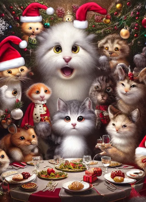 Image similar to highly detailed group closeup portrait of cute fluffy animals having a christmas party banquet in a castle, unreal engine, nicoletta ceccoli, mark ryden, earl norem, lostfish, global illumination, god rays, detailed and intricate environment