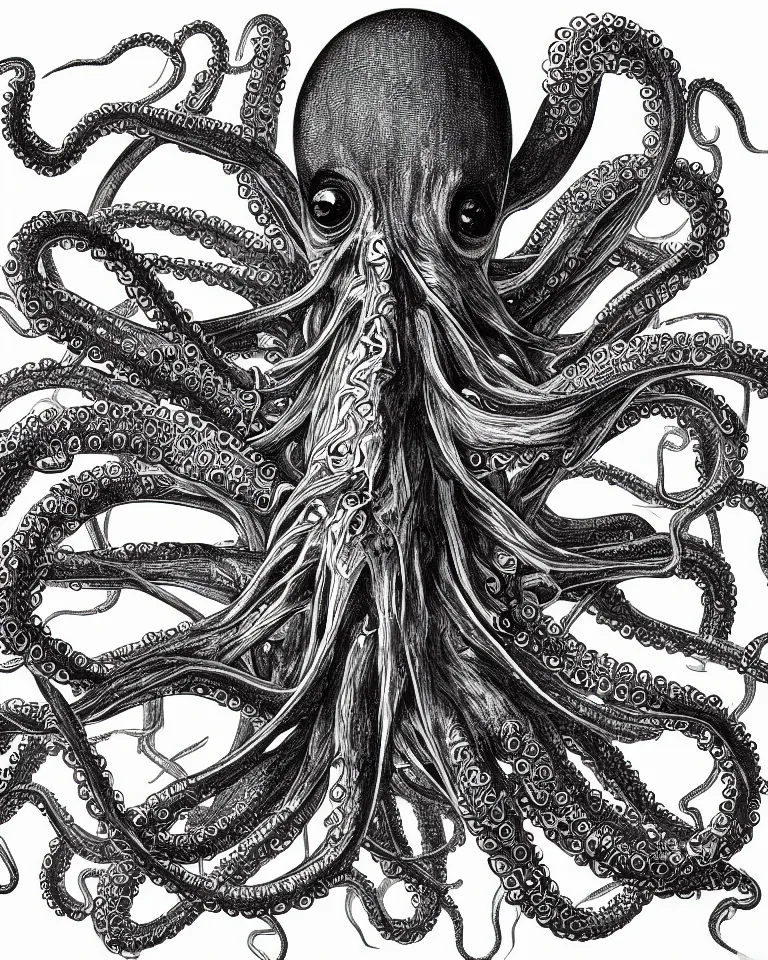 Prompt: a detailed scientific anatomical illustration of an alien cybernetic octopus