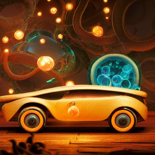 Prompt: tiny wooden car, floating, rbc, radiolaria, protophyta, micro - organisms, center frame, symmetric, rim light, marine microbiology, bioluminescence, electric, soft, concept art, intricate details, highly detailed, colorful, photorealistic, disney pixar, octane render, iridescent, anime, 8 k