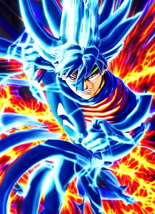 Image similar to Cyber Ultra Instict Goku Portrait, Smooth Digital Artwork, Fractal Chaos Background, Rendered in Maya, Hyperdetailed, Cinematic Shot, in style of Kentaro Miura