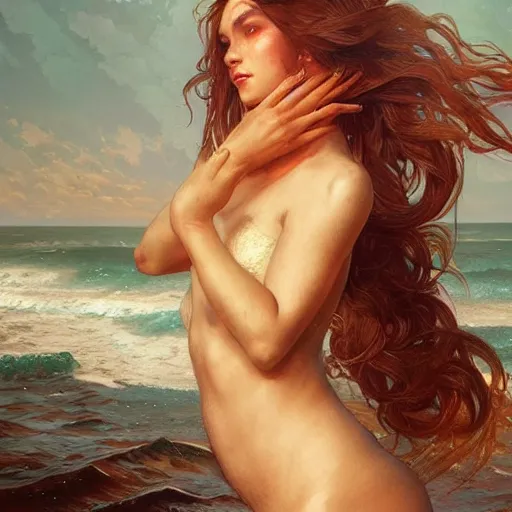 Prompt: beautiful mermaid emerging from the ocean, highly detailed, digital painting, artstation, concept art, sharp focus, illustration, art by artgerm and greg rutkowski and alphonse mucha