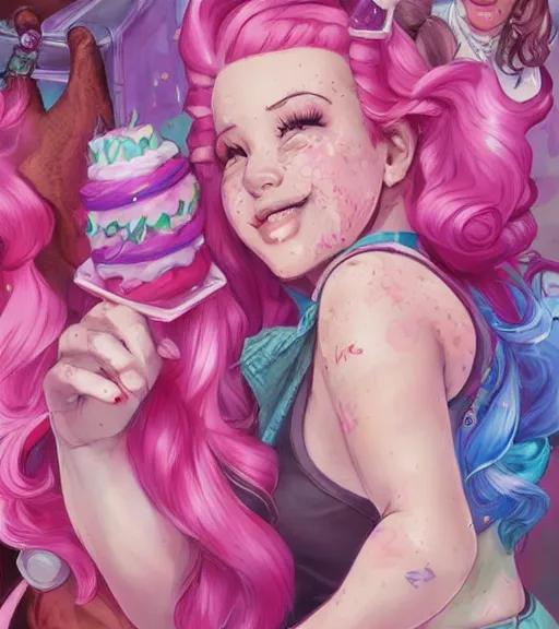 Prompt: humanized pinkie pie throws a party, a plus sized white girl with curly pink hair and freckles, art by stanley lau, artgerm, rossdraws, ross tran, sakimichan, cyarine, beautiful art