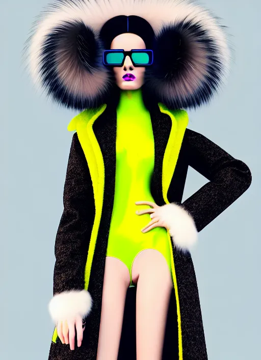 Prompt: coat for a rave With fur, hairstyle, White soft leather model, Glasses, earrings, bright soft colors, soft yellow background, many details, prints, photo for a magazine, photo for a store, fashion photography, Vogue, low angle photo, wide angle , cinematic, hyper realism, high detail, octane render, 8k, chrome accents, very coherent symmetrical artwork, perfect face model, Soft light, Reduced contrast