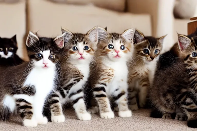 Prompt: a living room full of cute kittens that are all facing the camera