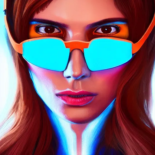 Image similar to closeup painting of a very beautiful young mexican cyberpunk woman, wearing light blue shutter shades and a dark brown leather jacket, one side haircut, long brown hair with light blue ends, portrait, hyperdetailed, artstation, cgsociety, 8 k, synthwave by tangerine dream