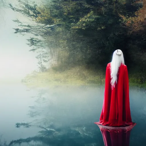 Image similar to beautiful lady with white long hair and dressed with a red victorian cloak, seen from behind, standing in a lake, mist, morning light, photorealistic