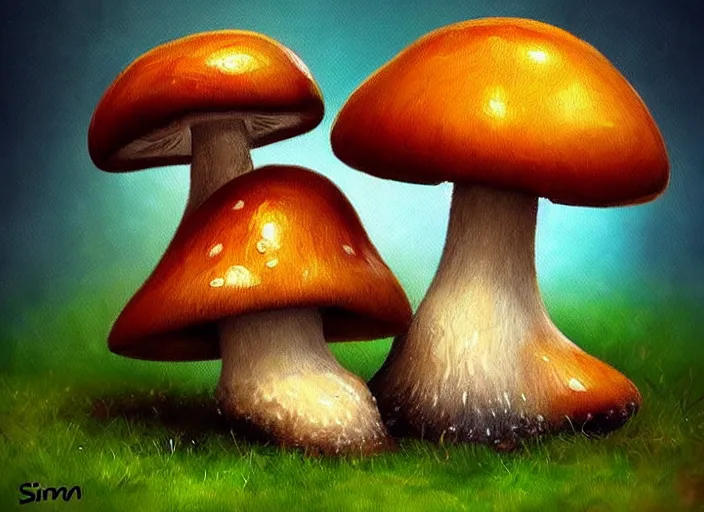 Image similar to a cute creature sitting next to a mushroom, realistic, very detailed, complex, intricate, studio lighting, superres sharpening, bokeh, sigma 5 0 mm f 1. 4, impressionist painting, digital painting, artstation, simon stalenha