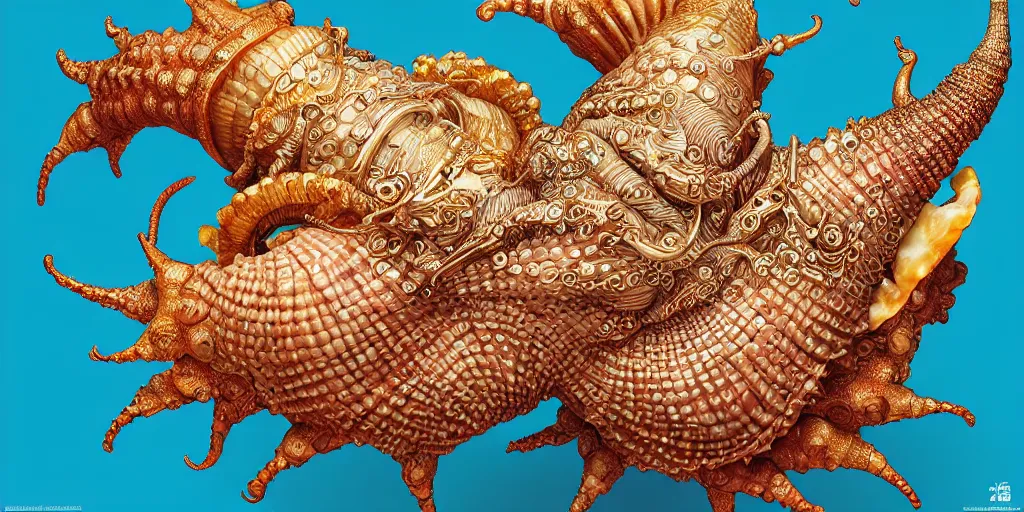 Prompt: hyper detailed conch shell, hindu god graphic illsutration ocean life color palette detailed intricate gold linework + otomo, yoshitaka Amano, hiroshi yoshida, moebius, loish, artgerm, symmetrical and detailed 3d render