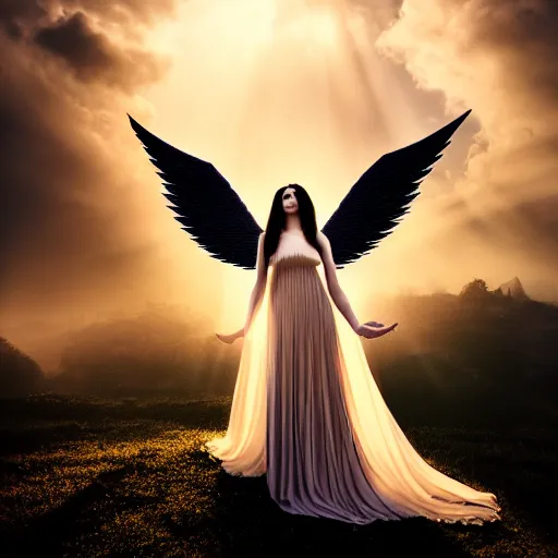 Image similar to photographic portrait of a stunningly beautiful gothic angel in heaven with divine light in soft dreamy light at sunset, contemporary fashion shoot, by edward robert hughes, annie leibovitz and steve mccurry, david lazar, jimmy nelsson, breathtaking, 8 k resolution, extremely detailed, beautiful, establishing shot, artistic, hyperrealistic, beautiful face, octane render