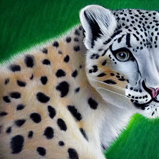 Prompt: snow leopard hyper realistic children's drawing