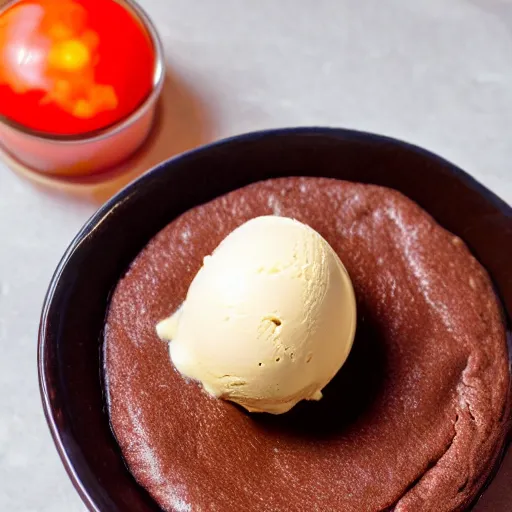 Image similar to a warm chocolate brownie in a bowl of vanilla ice cream and coated with tomato ketchup, studio lighting, recipe book photo