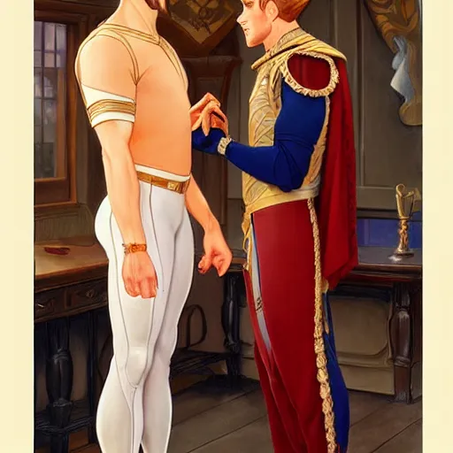 Image similar to attractive fully clothed king confesses his love for his attractive fully clothed male prince. highly detailed painting by glen keane and j. c. leyendecker 8 k