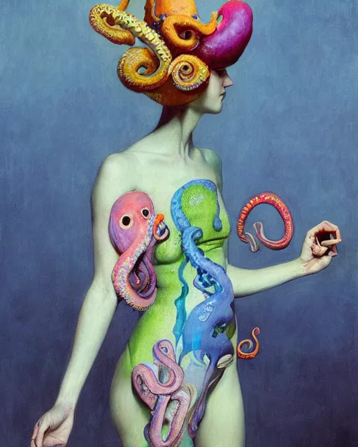 Image similar to a beautiful girl wearing a colourful octopus as a dress, painted by edgar maxence, edward hopper, wayne barlowe and james gilleard, airbrush, art by jamesjean