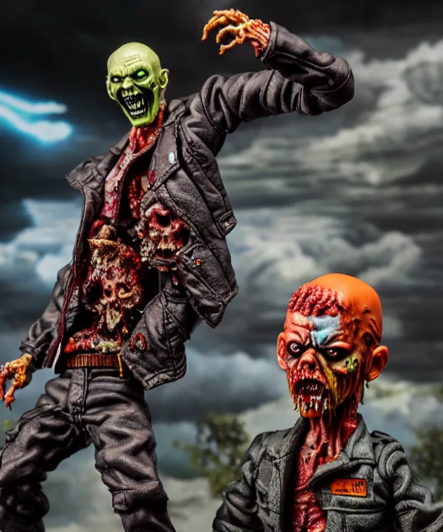 Image similar to hyperrealistic rendering, epic boss battle, punk rock zombie, by art of skinner and richard corben, product photography, collectible action figure, sofubi, hottoys, storm clouds, outside, lightning