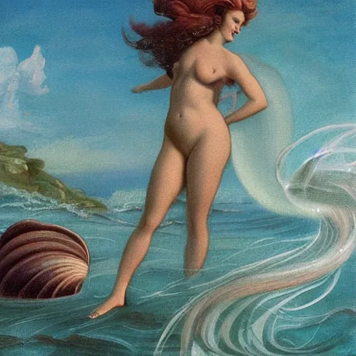 Prompt: The painting depicts the moment when the goddess Venus is born from the sea. She is shown standing on a giant clam shell, with her long, flowing hair blowing in the wind. The painting is full of light and color, and Venus looks like she is about to step into a beautiful, bright future. outrun, copper verdigris by Max Dupain, by Bruce Timm 3d render