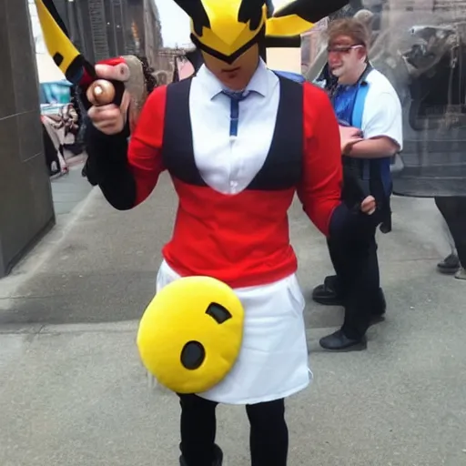 Prompt: Man badly cosplaying a pokemon, photo, trending